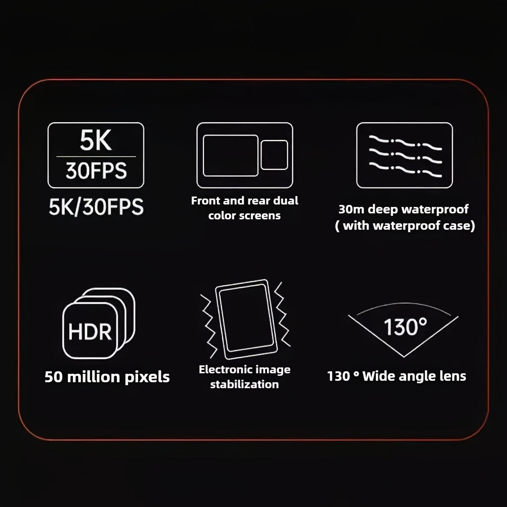5K 30FPS Action Camera EIS Anti-shake, Battery*2, 15 Accessories, 30-meter Water Resistance, WIFI, Rotatable Touch Screen, Mobile Phone APP Control, Outdoor Extreme Challenge Photography And Video Recording, First-person Perspective Shooting