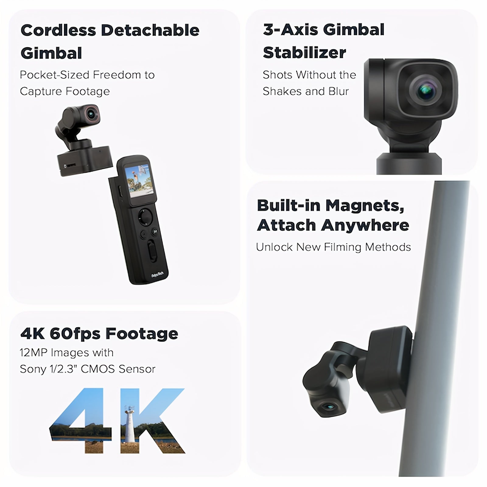 FeiyuTech Pocket 3 Detachable 3-Axis Gimbal Stabilized Action Camera, 12MP, 130° FOV, 1\u002F2.3\