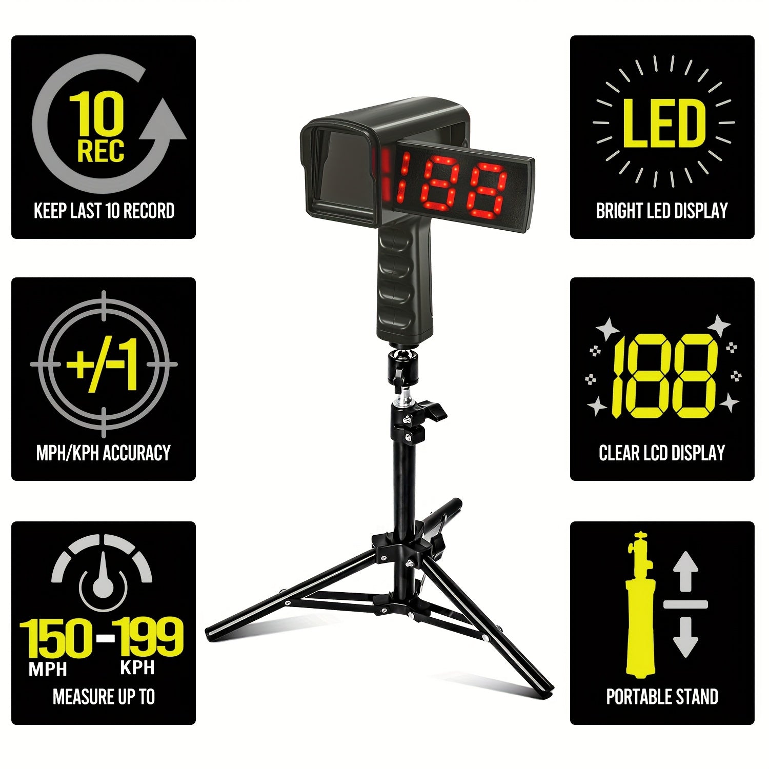 Baseball Radar Guns - Speed Sensors Baseball Speed Training Equipment With LED+LCD Larger Display, Handheld Or Hand Free Speed Radar Gun For All Baseball Players| With Tripod