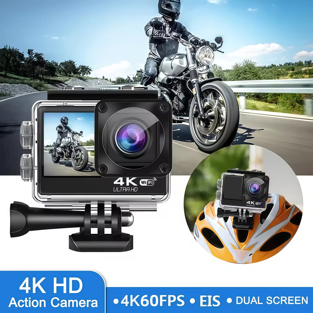 4K Action Camera Ultra HD 4K 60FPS Dynamic Camera, 20MP EIS Action Camera | Dual Screen Wi-Fi Touch Screen 170° Wide Angle Vlog Camera with Remote Control 4x Zoom and 32G Memory Card