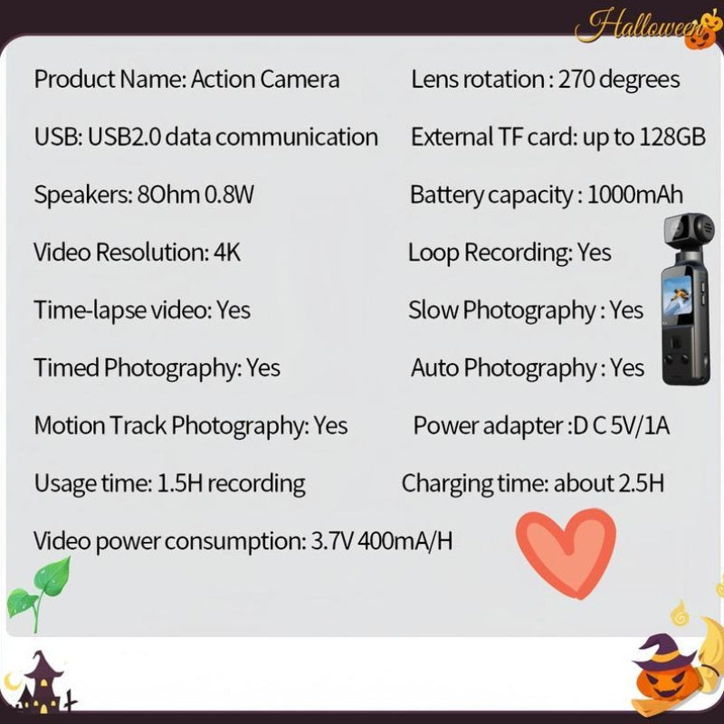 4K, Portable 4K HD Video Recording Camera - Portable, Rechargeable, Vlogging Camera, 4k Handheld Stabilizer Pocket Action Camera Gimbales | 4k Handheld Stabilizer | Magnet | 270° Viewing Angle, Body Camera, US Effect, USB Charging 270° Swivel, 1.33 \