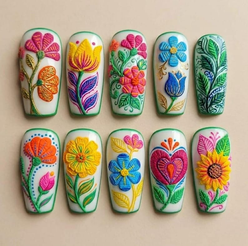 Colorful Folk Art Floral Press On Nails