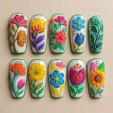 Colorful Folk Art Floral Press On Nails
